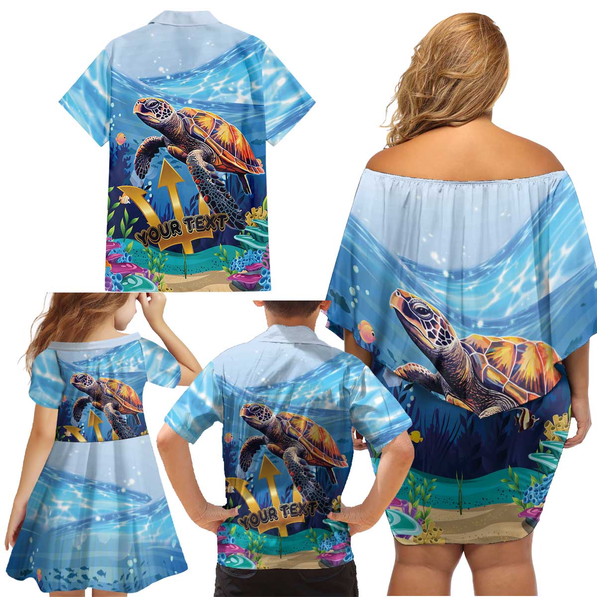 Personalised Barbados Sea Turtle Family Matching Off Shoulder Short Dress and Hawaiian Shirt Ocean Style - Wonder Print Shop