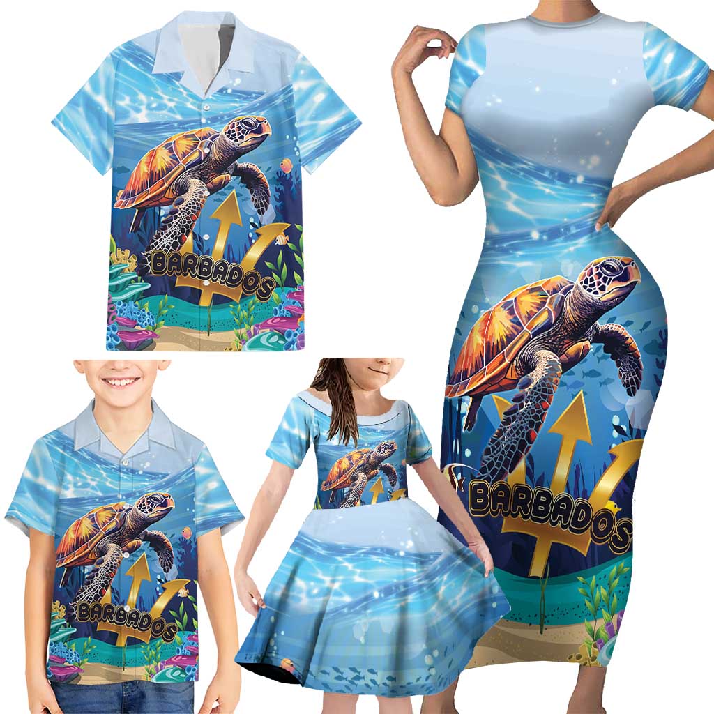 Personalised Barbados Sea Turtle Family Matching Short Sleeve Bodycon Dress and Hawaiian Shirt Ocean Style - Wonder Print Shop