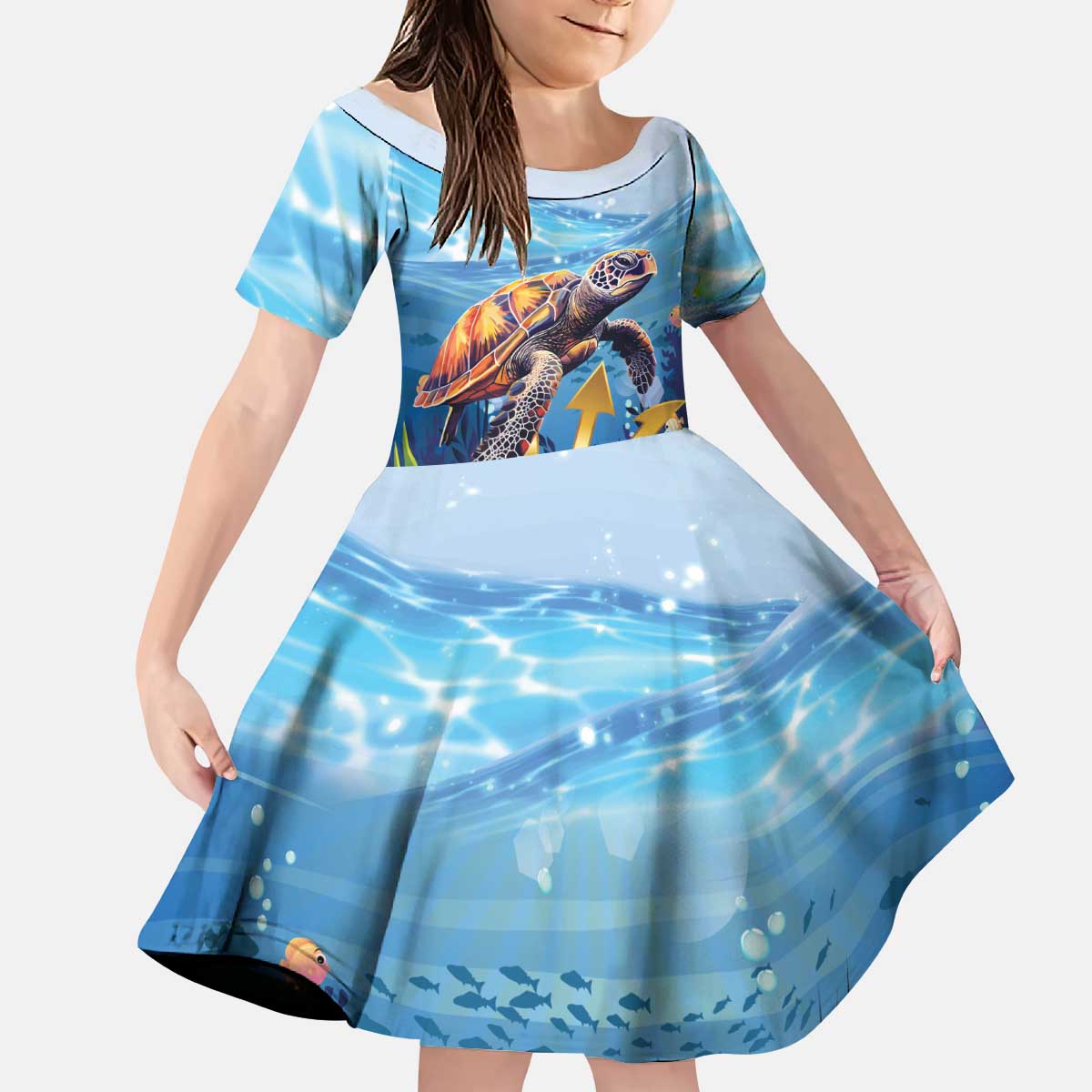 Personalised Barbados Sea Turtle Kid Short Sleeve Dress Ocean Style - Wonder Print Shop