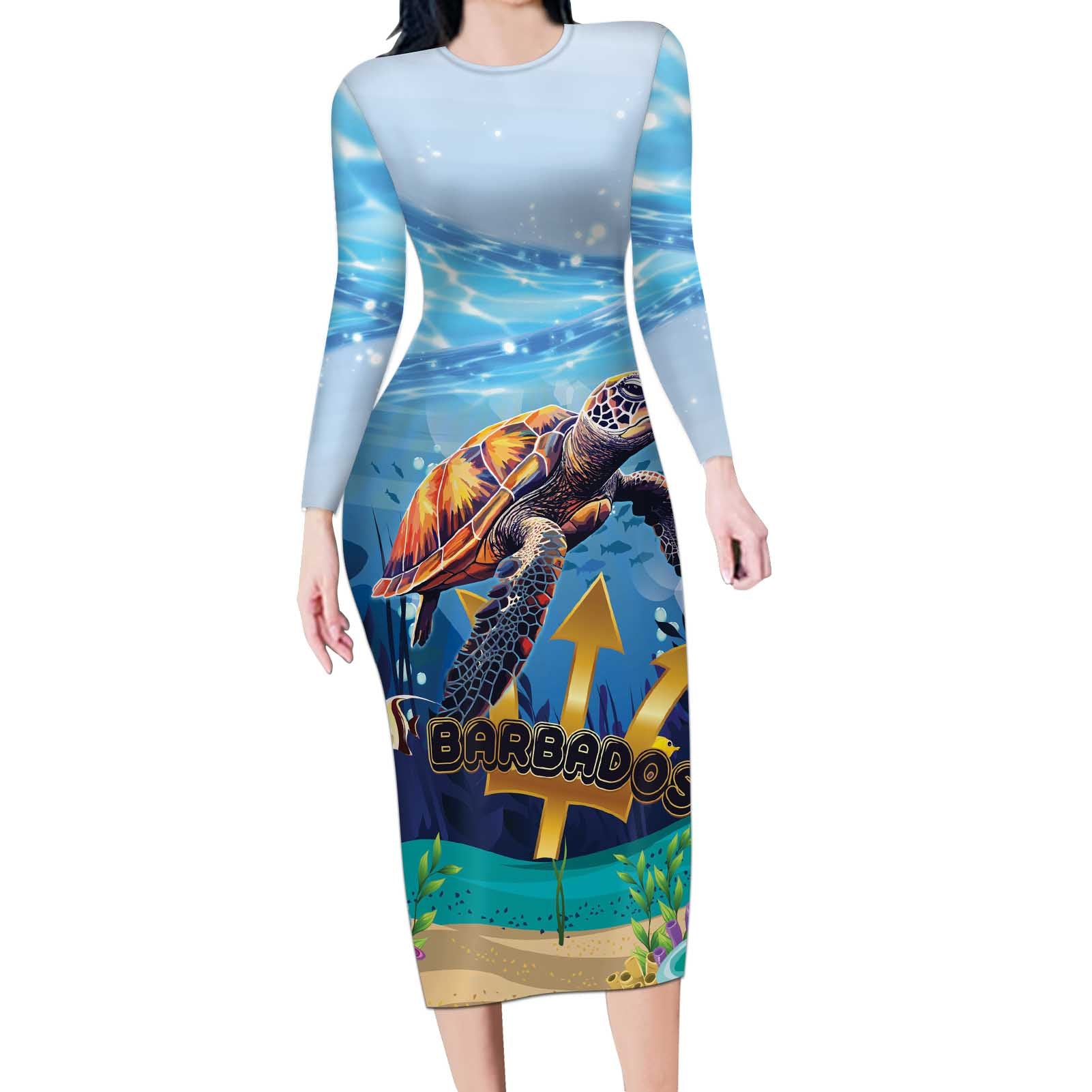 Personalised Barbados Sea Turtle Long Sleeve Bodycon Dress Ocean Style - Wonder Print Shop