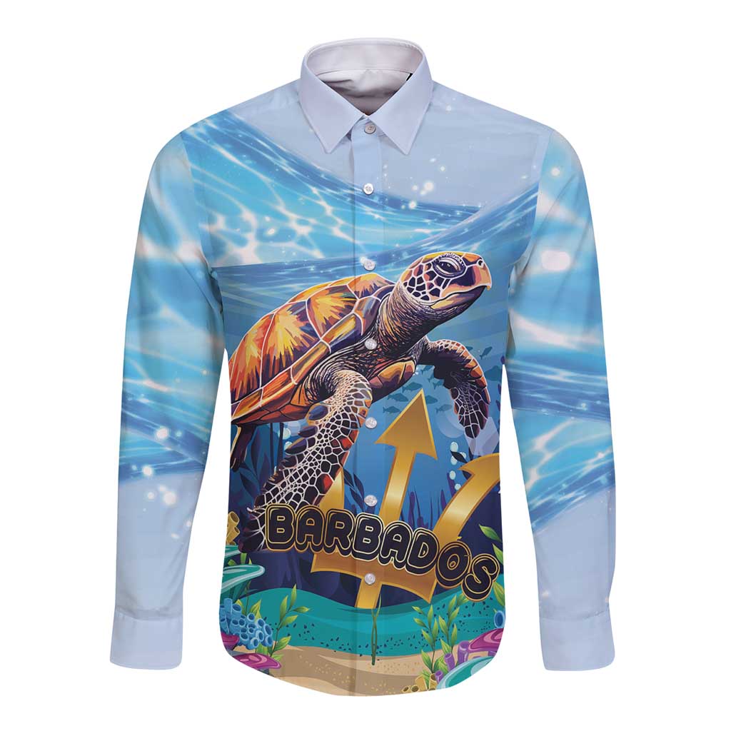 Unisex long sleeve button shirt in light blue with sea turtle graphic and Barbados design