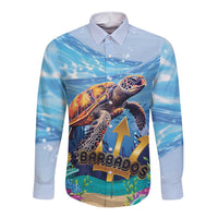 Unisex long sleeve button shirt in light blue with sea turtle graphic and Barbados design