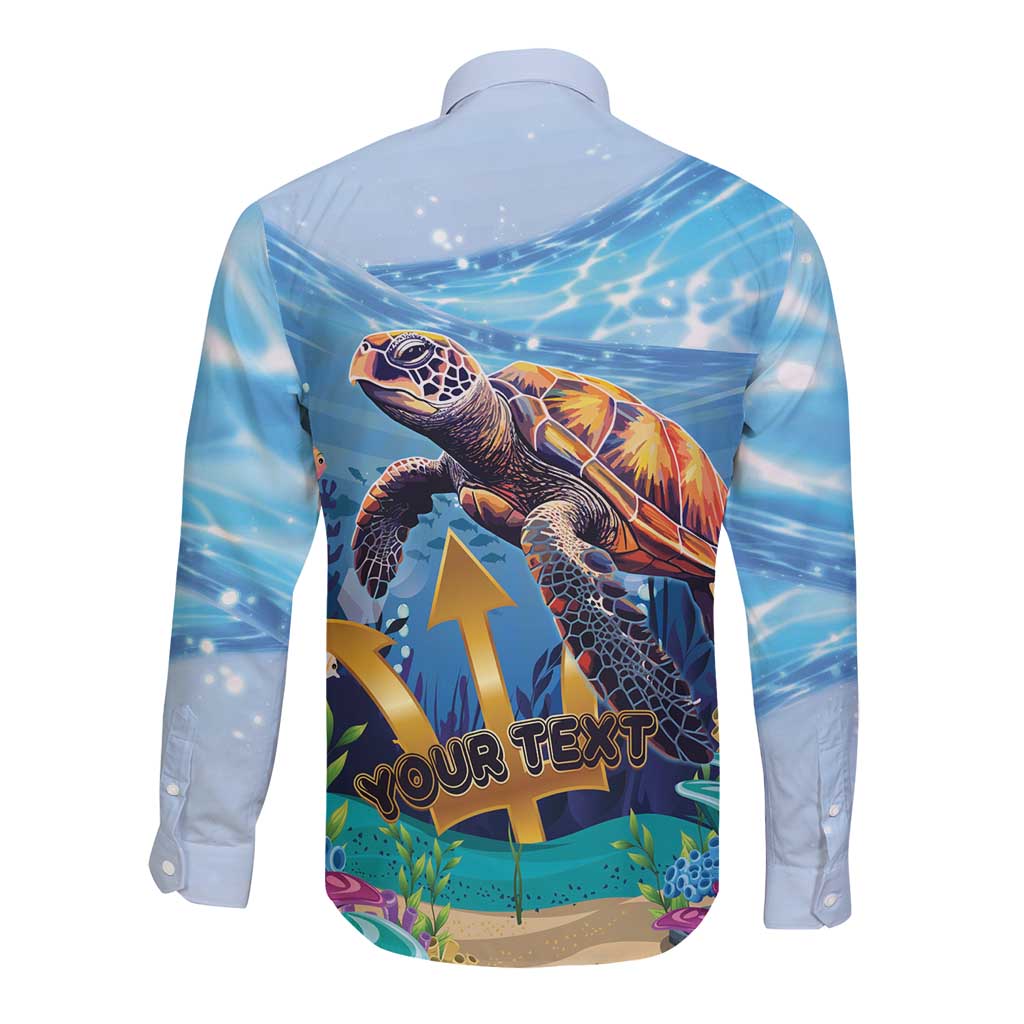 Unisex long sleeve button shirt, blue, sea turtle back print with 'Your Text'