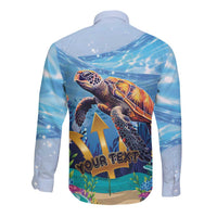 Unisex long sleeve button shirt, blue, sea turtle back print with 'Your Text'