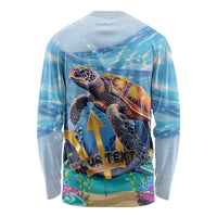 Unisex blue long-sleeve T-shirt with sea turtle graphic and 'YOUR TEXT' area