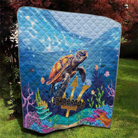 Blue sea turtle quilt with diamond stitching and ocean reef artwork, "Barbados" logo