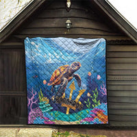 Sea turtle ocean quilt hanging on dark wood wall, blue diamond quilting and "Barbados"