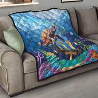 Blue sea turtle ocean quilt with diamond quilting and colorful sea life "Barbados" design