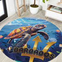 Round blue ocean turtle carpet with large BARBADOS text, arrow stars, and coral graphics