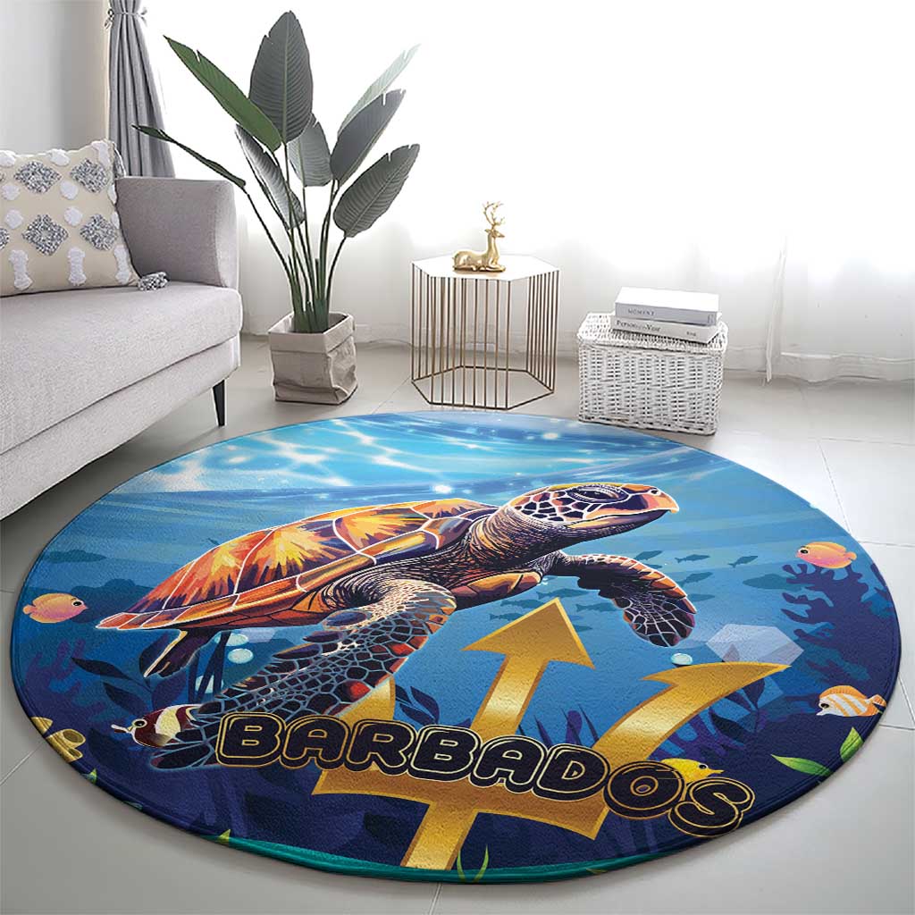 Round blue ocean sea turtle carpet rug with BARBADOS text and star arrow shapes