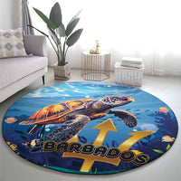 Round blue ocean sea turtle carpet rug with BARBADOS text and star arrow shapes