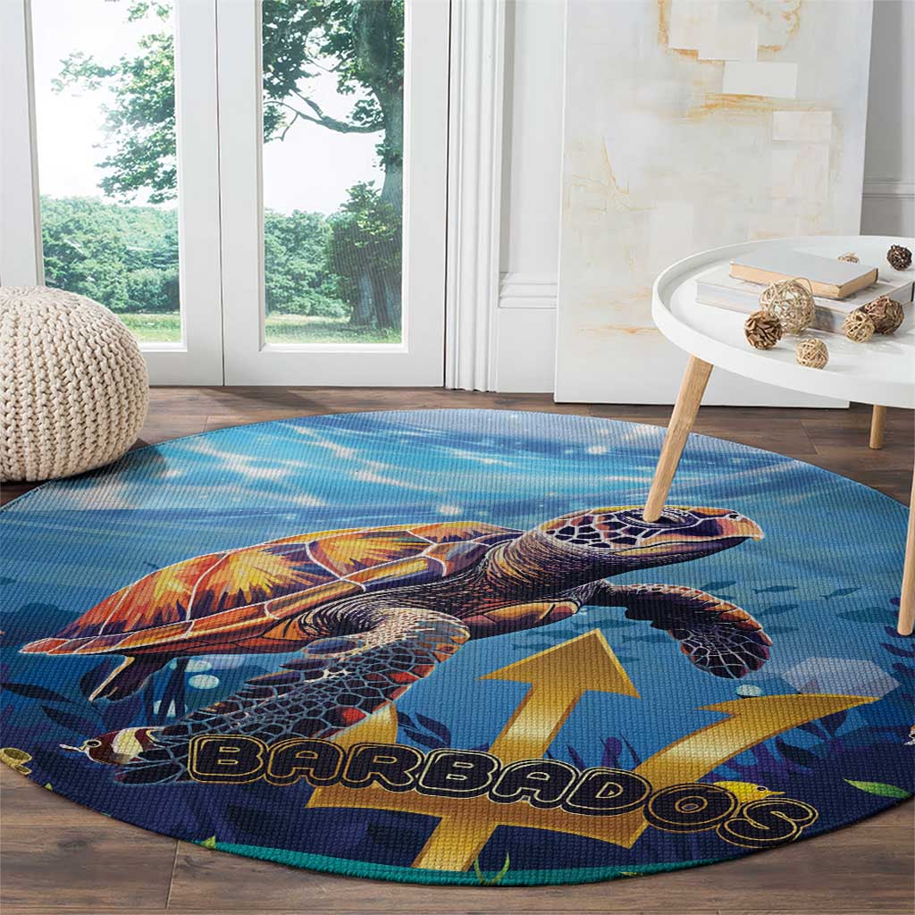 Round blue ocean sea turtle carpet rug featuring BARBADOS text and turtle shell artwork