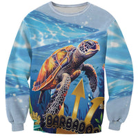 Blue crewneck sweatshirt with sea turtle and Barbados graphic, full-color front print