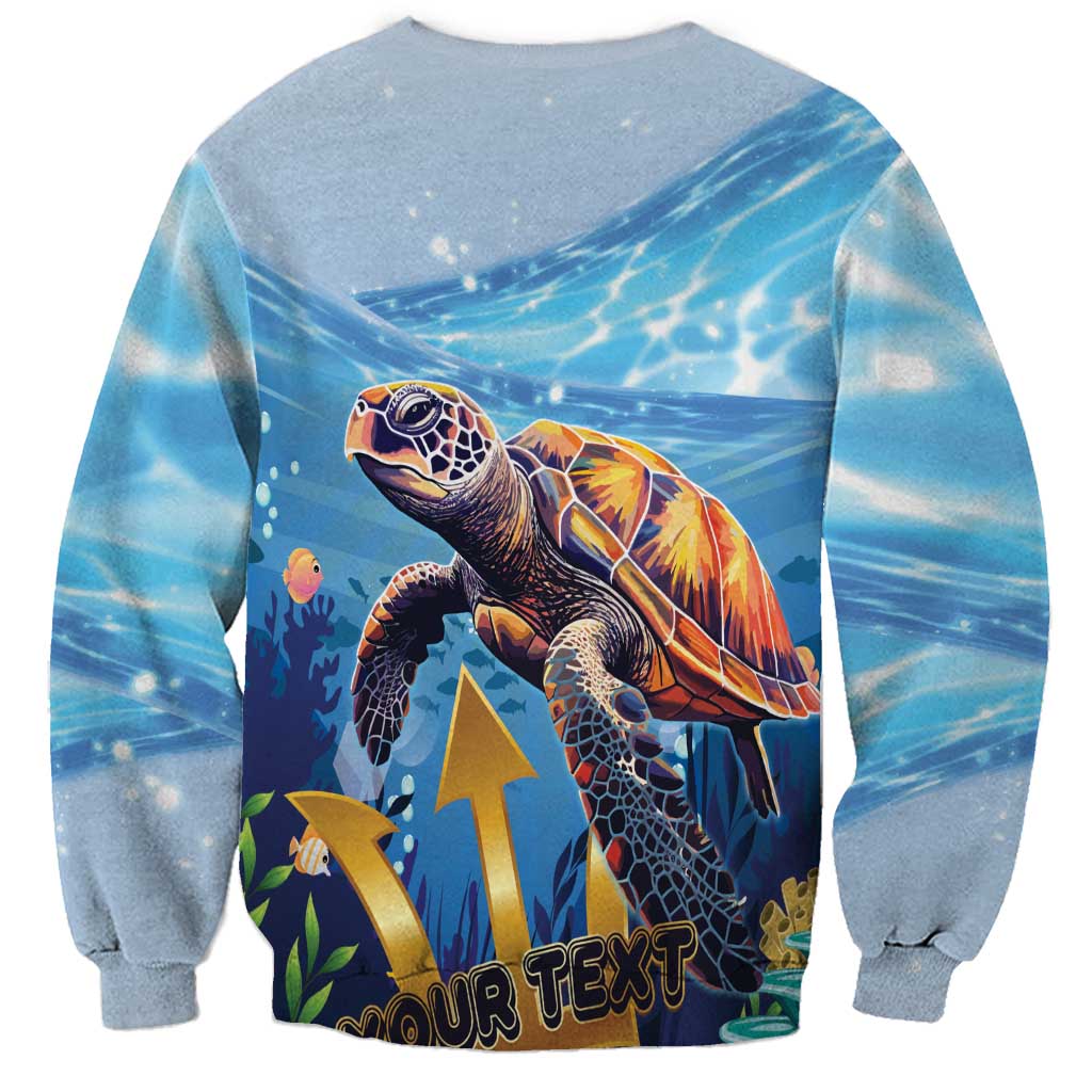 Blue crewneck sweatshirt with sea turtle, gold arrows, and "YOUR TEXT" area