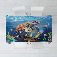 Blue ocean sea turtle tablecloth with colorful underwater print and “Barbados” text