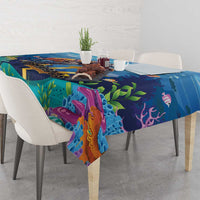 Blue ocean sea turtle tablecloth on dining table with chairs, vibrant underwater artwork
