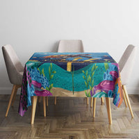 Blue ocean sea turtle tablecloth on table with four chairs, colorful underwater scene