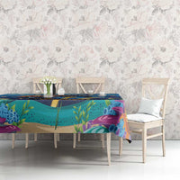 Blue ocean sea turtle tablecloth on dining table, underwater creatures and plants print