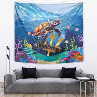 Blue ocean sea turtle tapestry with colorful coral scenery and “Barbados” title