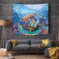 Blue ocean sea turtle tapestry with colorful coral and “Barbados” text centerpiece