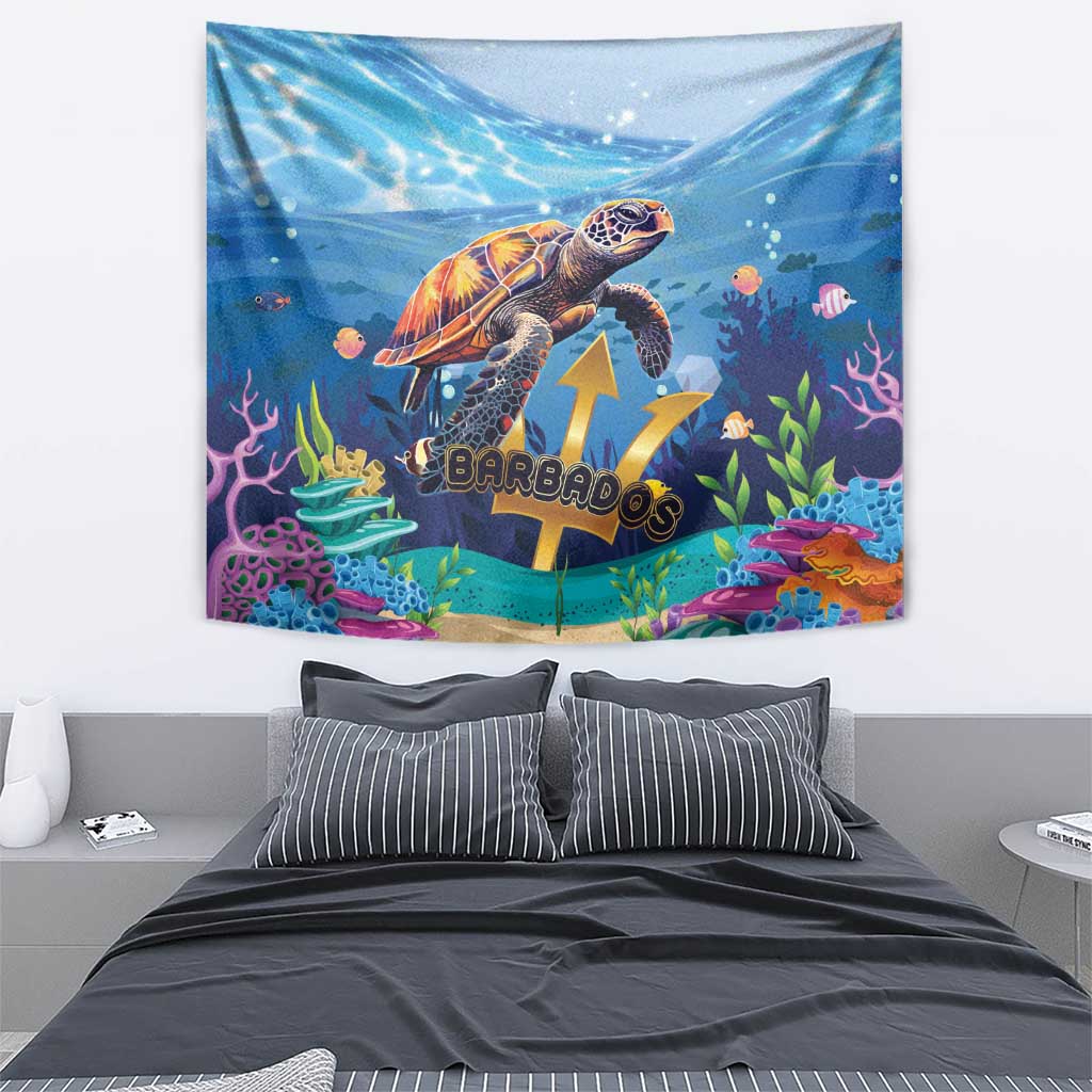 Blue sea turtle ocean wall tapestry featuring “Barbados” lettering and underwater fish