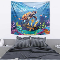 Blue sea turtle ocean wall tapestry featuring “Barbados” lettering and underwater fish