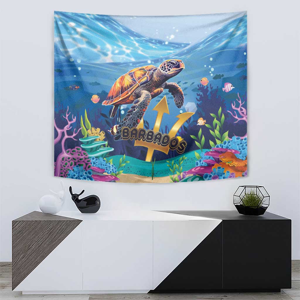 Blue underwater sea turtle tapestry with “Barbados” text and vibrant coral plants