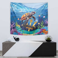 Blue underwater sea turtle tapestry with “Barbados” text and vibrant coral plants