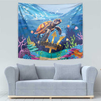 Blue marine life sea turtle wall tapestry with coral details and “Barbados” lettering