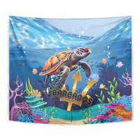 Blue sea turtle tapestry close-up with rainbow shell art and “Barbados” text