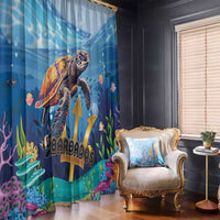 Blue sea turtle curtain panel with coral plants, fish, and gold Barbados lettering.