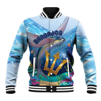 Blue baseball jacket with Barbados flying fish graphic, snap front, striped collar and cuffs.