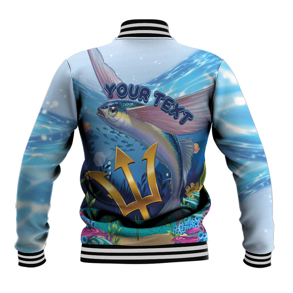 Blue baseball jacket back with 'Your Text' flying fish graphic, striped collar and cuffs.