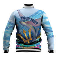 Blue baseball jacket back with 'Your Text' flying fish graphic, striped collar and cuffs.