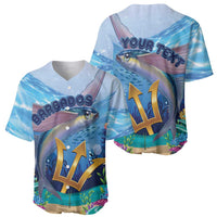 Blue baseball jersey set front and back, flying fish artwork and 'YOUR TEXT' print