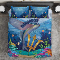 Blue ocean bedding set with flying fish, Barbados text, and coral reef graphics
