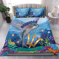 Blue bedding set with flying fish design, Barbados text, and matching pillowcases