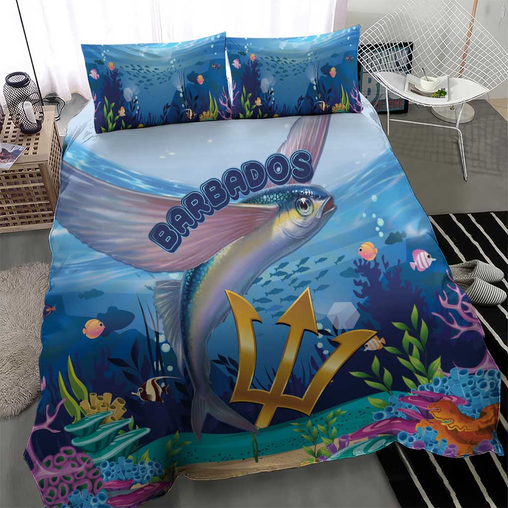 Blue duvet and pillowcases with flying fish, Barbados lettering, and underwater bubbles