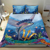 Blue ocean bedding set with flying fish, Barbados text, and golden crest emblem