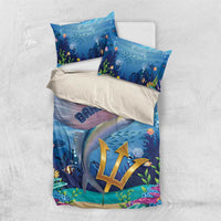 Blue bedding set with flying fish graphic, Barbados text, and matching pillowcases
