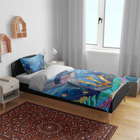 Blue ocean bedding set with flying fish design, Barbados text, and gold crest emblem