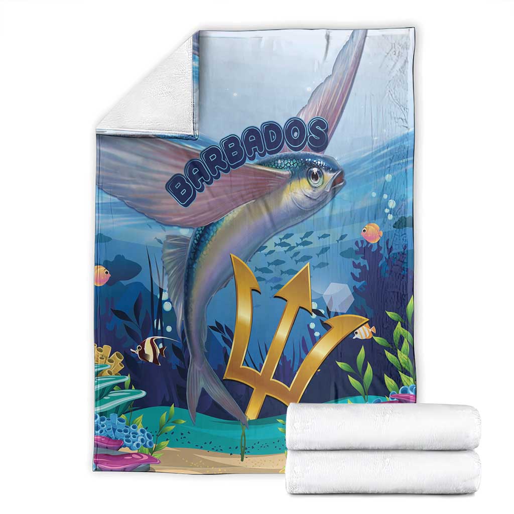 Blue flying fish blanket hanging with gold crest; white towels stacked beside