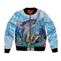 Unisex blue bomber jacket front with zipper, ocean fish graphic, ribbed cuffs