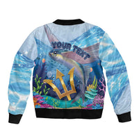 Unisex blue bomber jacket with ocean fish graphic and 'YOUR TEXT' back print