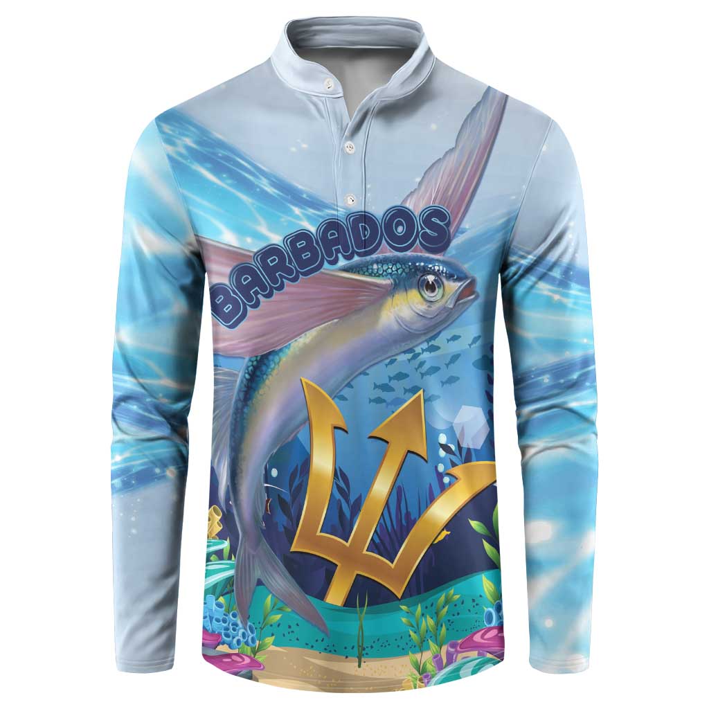 Light blue button sweatshirt with colorful flying fish and Barbados graphic