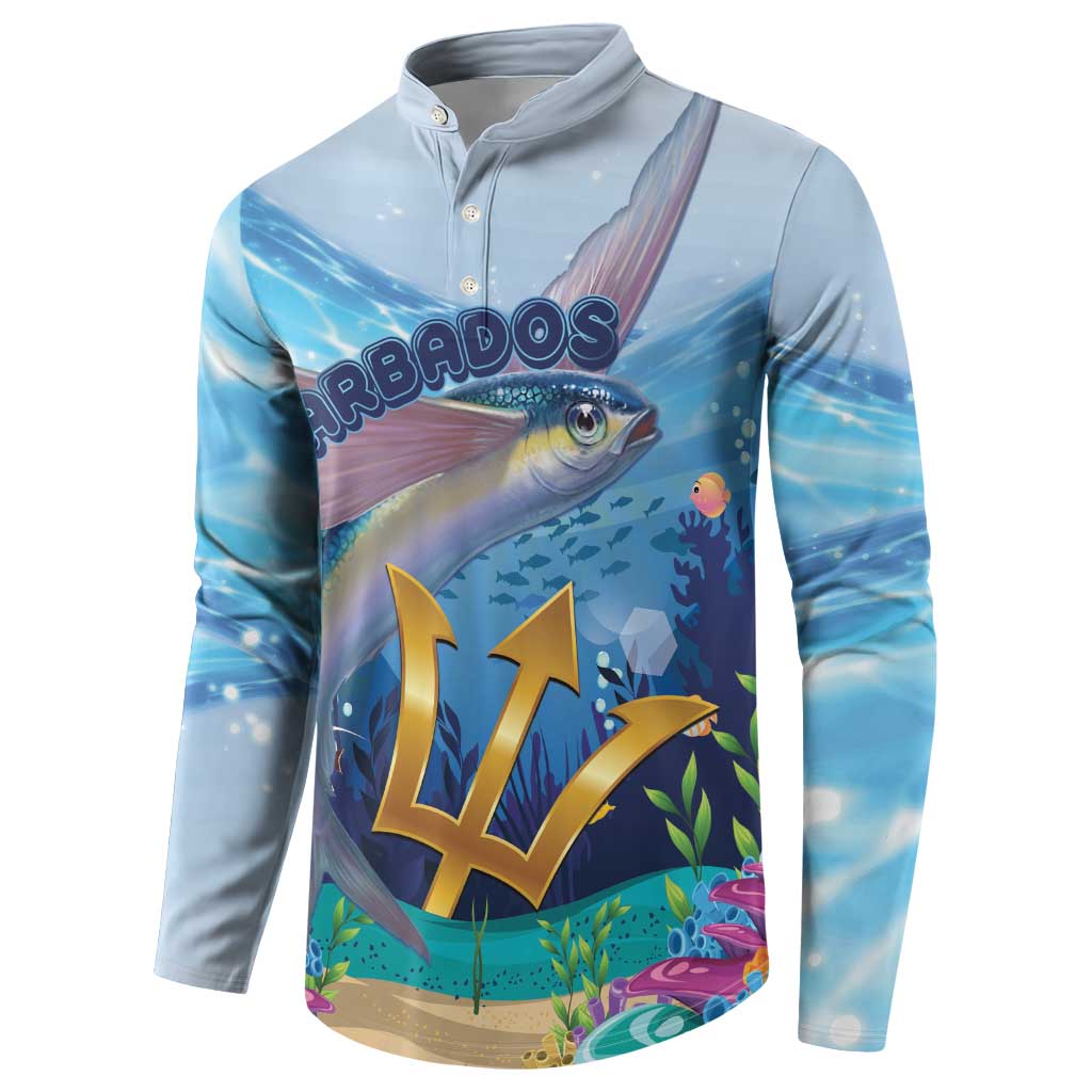 Light blue button sweatshirt front with flying fish, tropical scene and Barbados graphic