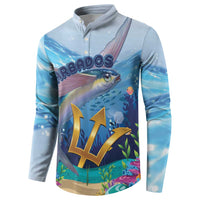 Light blue button sweatshirt front with flying fish, tropical scene and Barbados graphic
