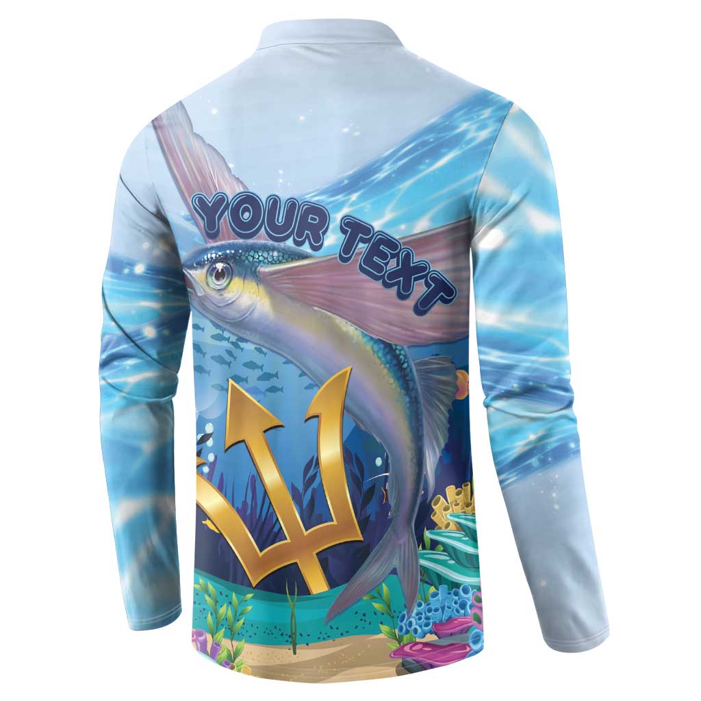 Light blue back button sweatshirt with flying fish and 'YOUR TEXT' print