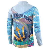 Light blue back button sweatshirt with flying fish and 'YOUR TEXT' print