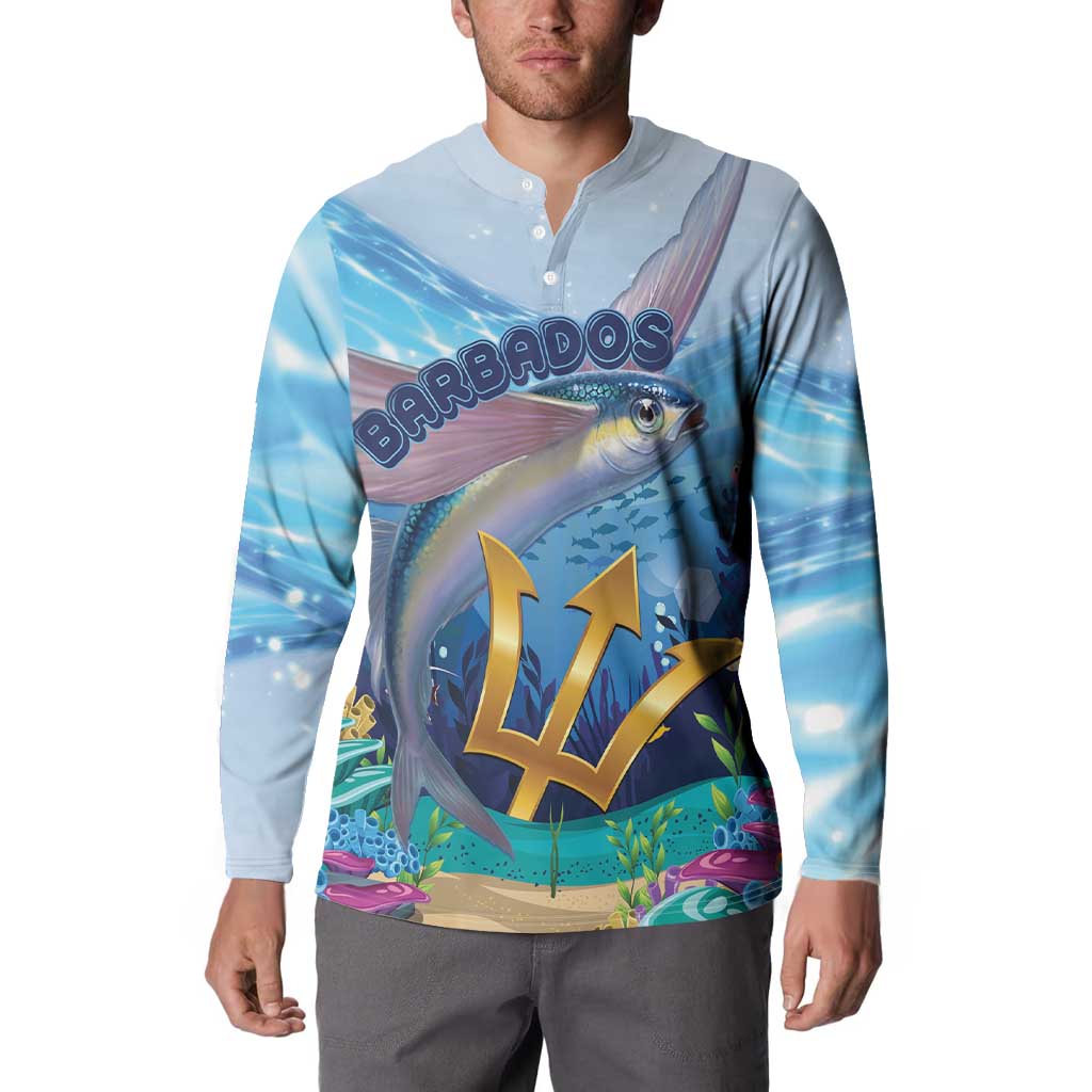 Men's light blue button sweatshirt with Barbados flying fish front graphic